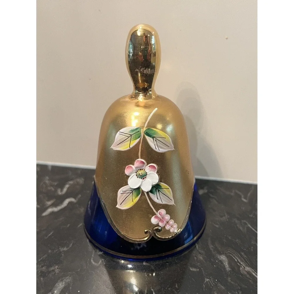 Czech Bohemian Cobalt Blue Glass Bell Gold & Flower Art Glass Handpainted